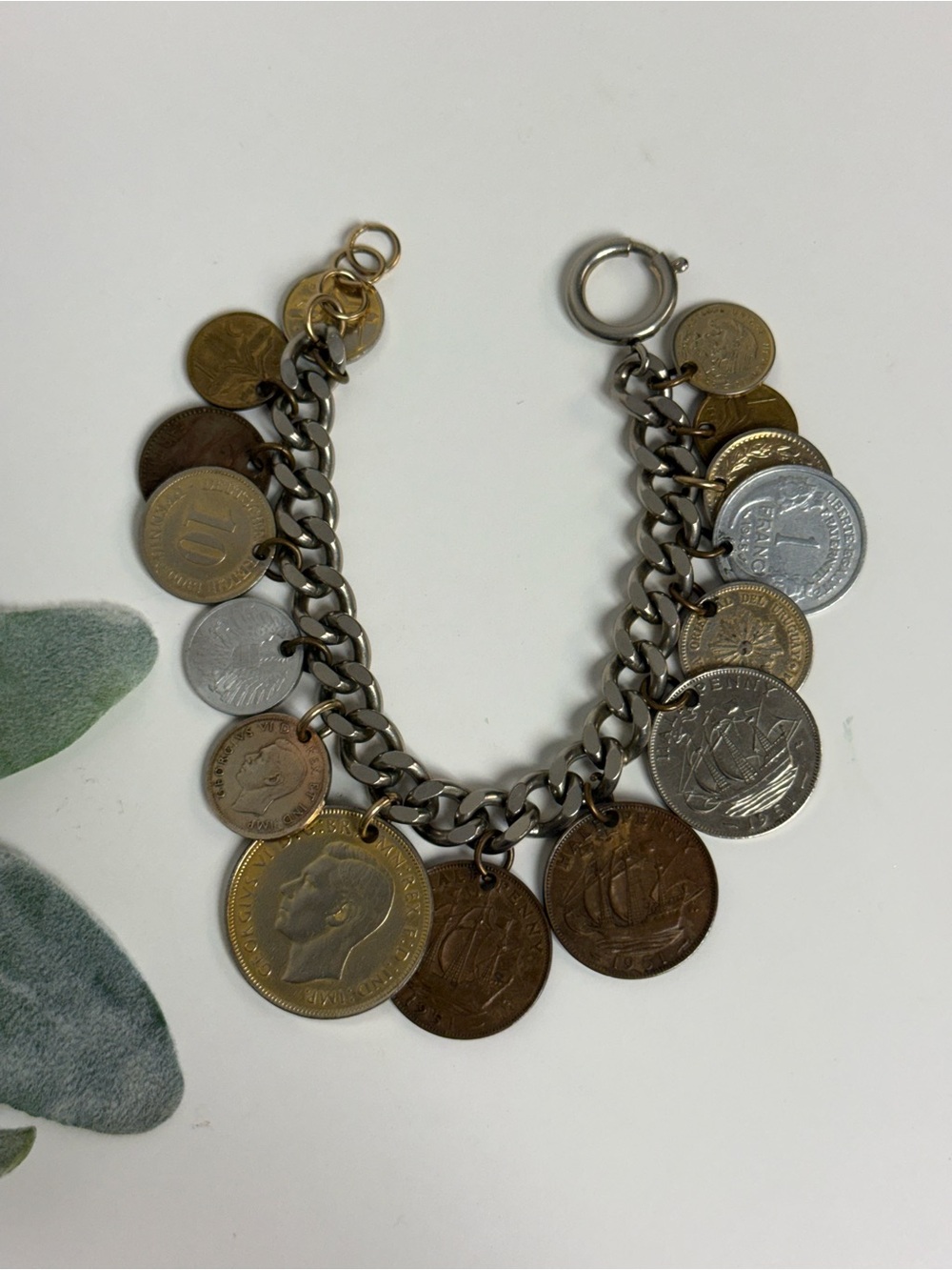 Vintage Travelers World Coins Chunky Charm Bracelet